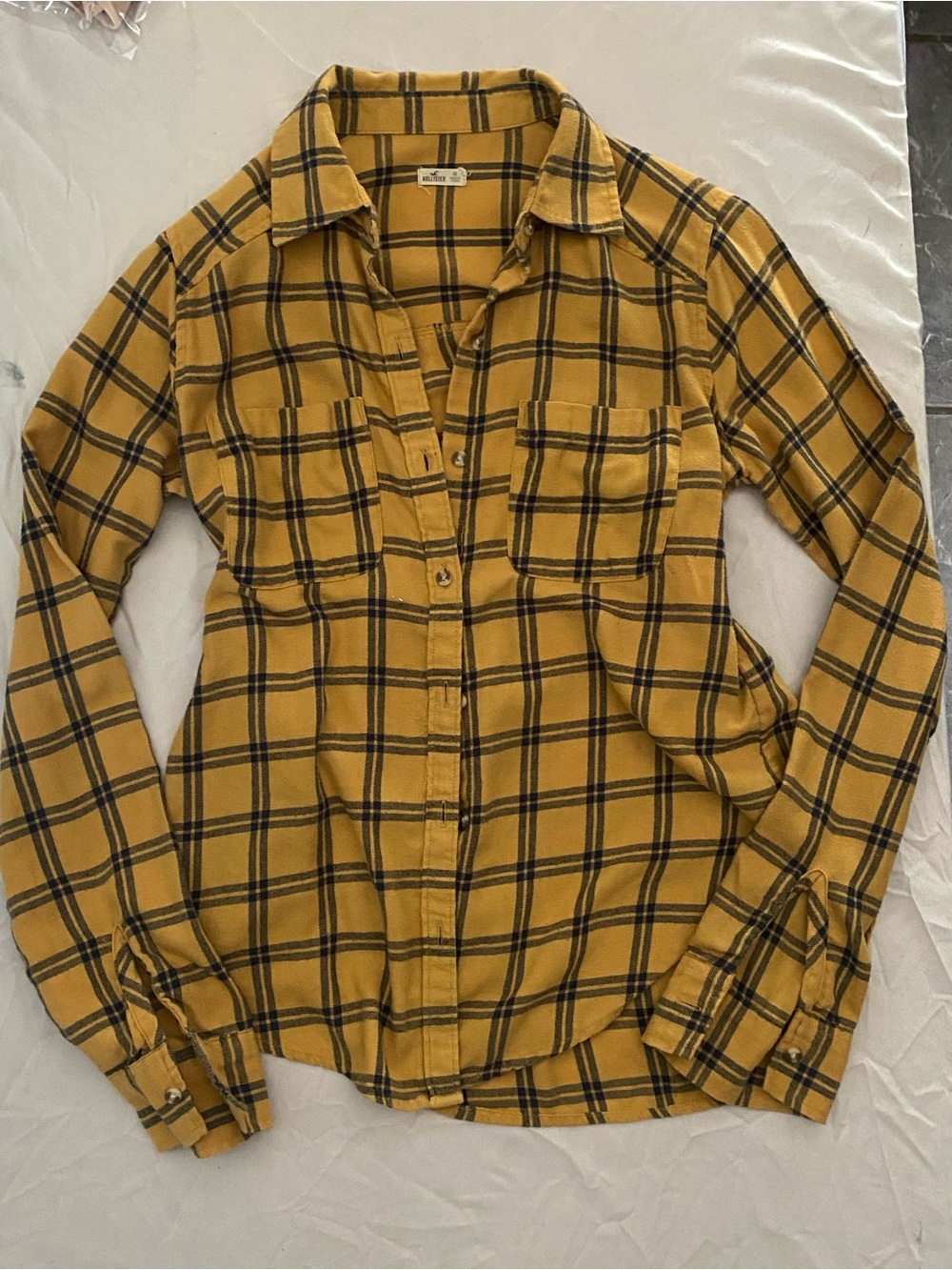 Hollister Mustard Yellow Plaid Shirt with Navy Stripes - Picture 4 of 6